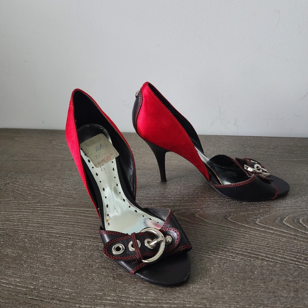 Y2K BCBGirls Patrice Red Satin Black Buckle Peep Toe Heels 7.5 McBling Party